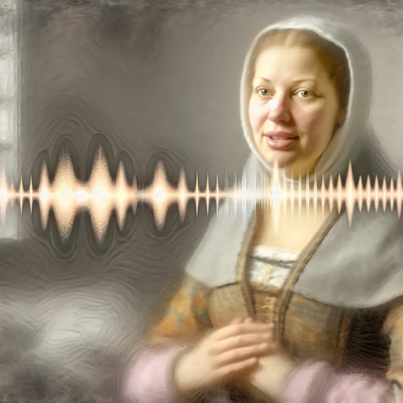 Een vrouw spreekt zachtjes in een warm verlichte kamer met zachte geluidsgolven om haar heen.