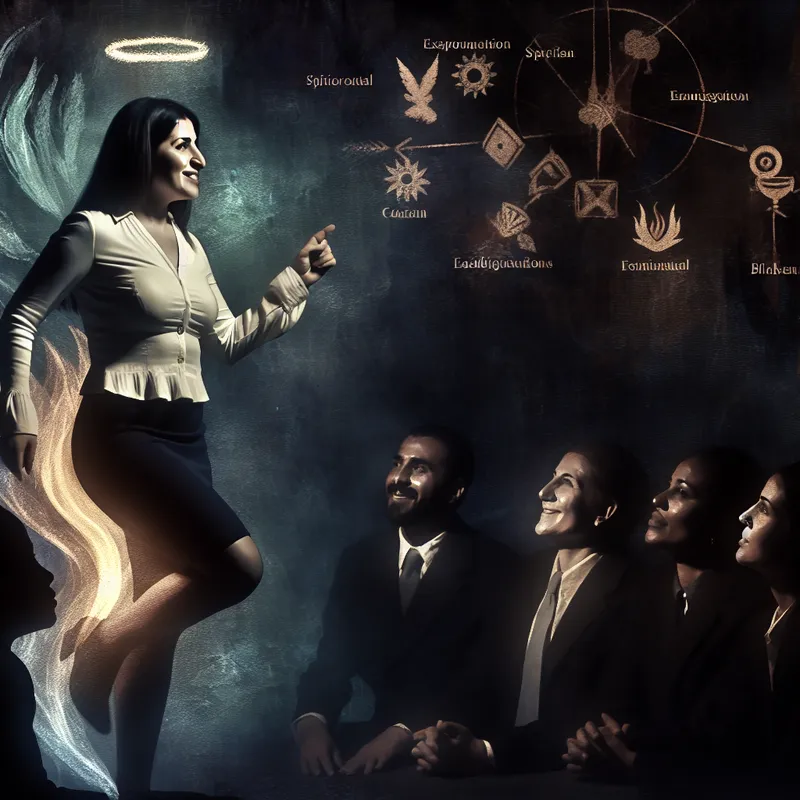 Vrouw in gothic setting die zelfverzekerd de rol van teamleider aanneemt, omringd door haar aandachtige collega's