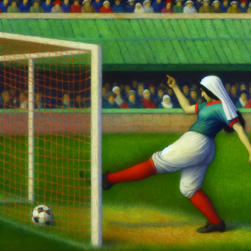 Vrouwelijke voetballer in actie tijdens het missen van een doelpunt, met een geconcentreerde uitdrukking op haar gezicht.