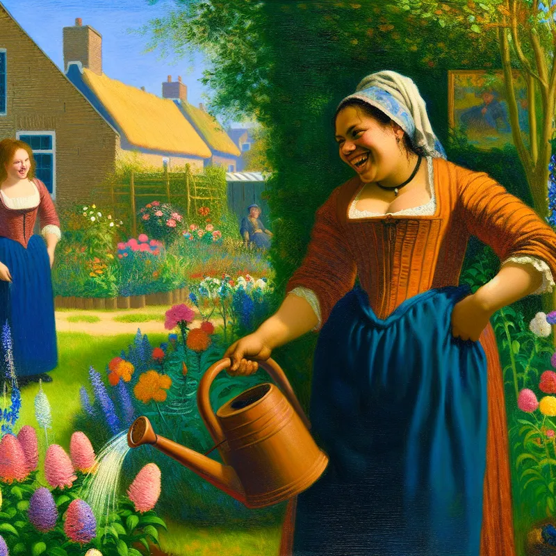 Een vrouw water geven aan bloemen in haar tuin met een blije buurvrouw die toekijkt.