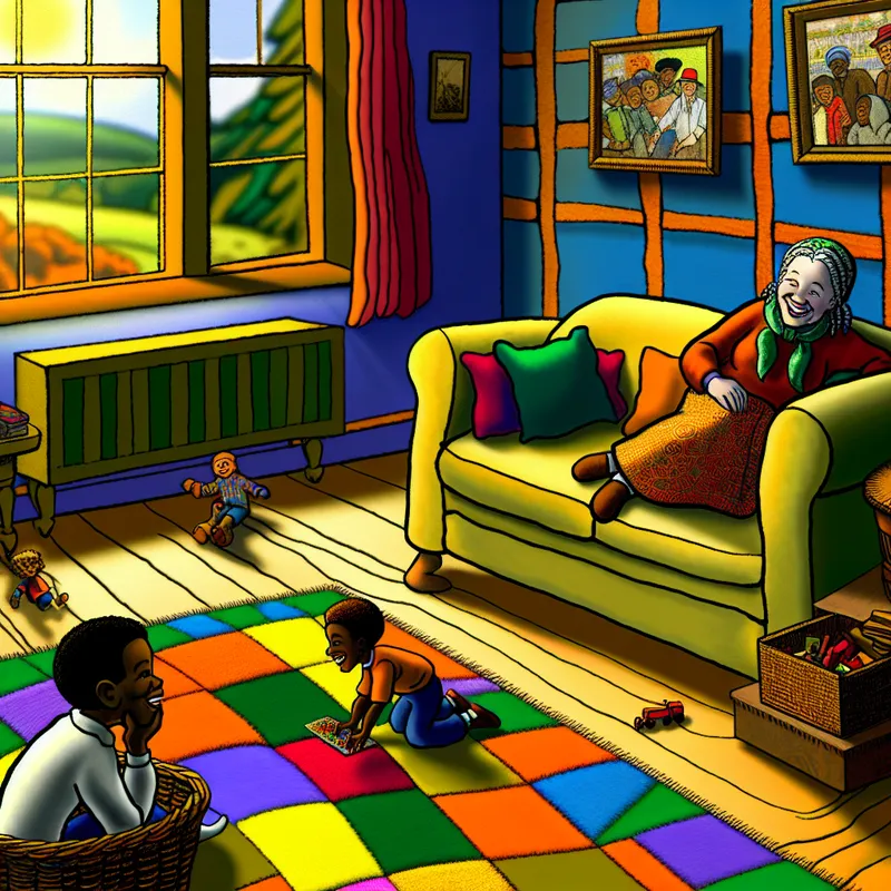 Een vrouw die een dutje doet op een bank in een gezellige woonkamer met kinderen die spelen.