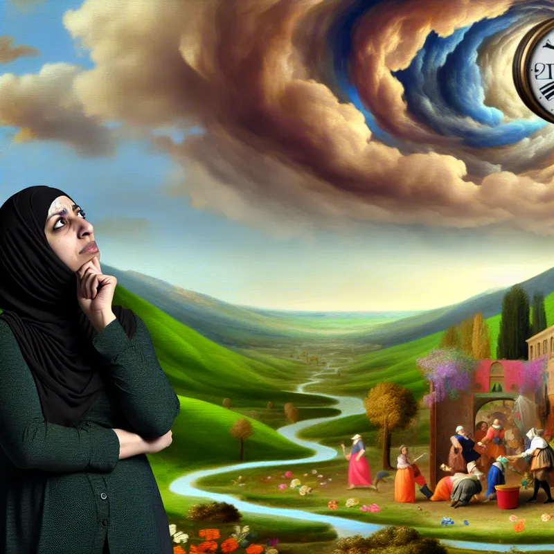 Dramatisch landschap met een vrouw die nadenkt over haar redenen om naar een festival te gaan, omringd door een groene vallei en een levendig festival in de verte.