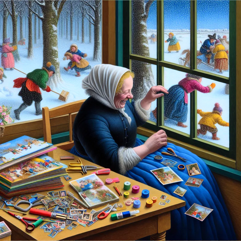 Vrouw die blij haar herinneringen ordent in een kleurrijk scrapboek, met sneeuw buiten het raam