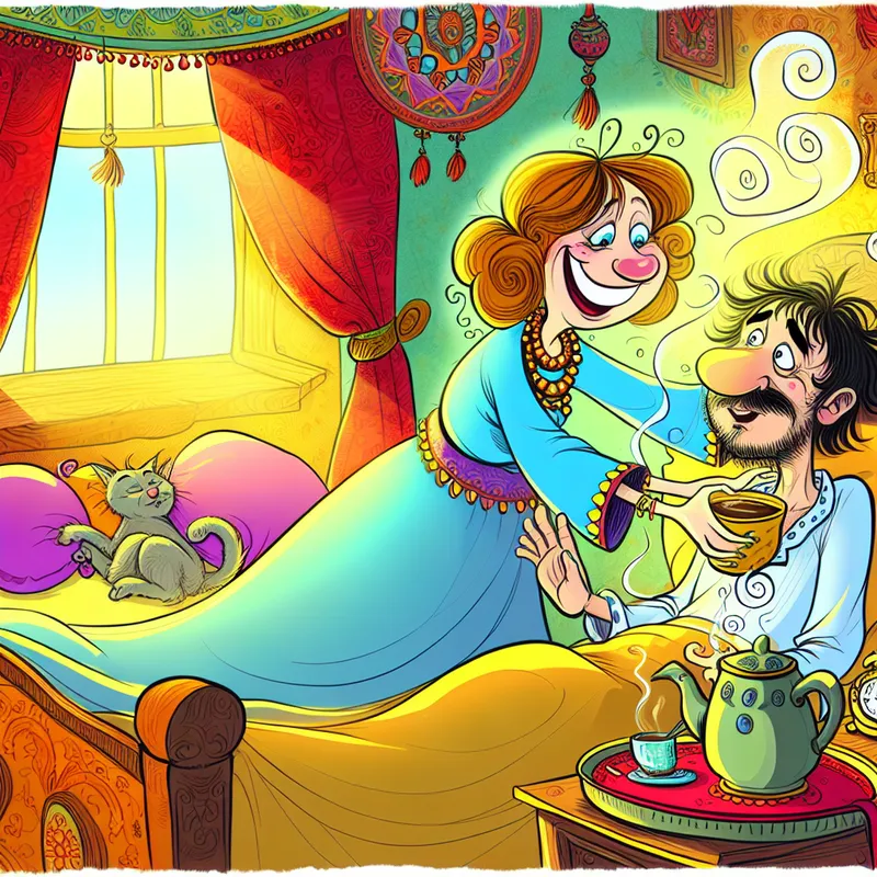 Een vrolijke vrouw wekt haar man in bed met een kopje dampende koffie, terwijl ochtendlicht de kamer verlicht.