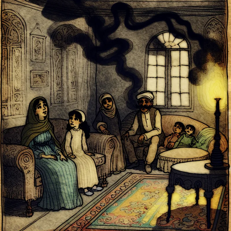 Gezin in een benauwde woonkamer met een onaangename, vuile sfeer, geïllustreerd in nostalgische stijl met donkere schaduwen en gespannen gezichten