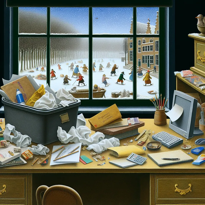 Een klein vuilnisbakje op een bureau vol met lege verpakkingen en verfrommelde papiertjes, met een bureau vol andere kantoorartikelen op de achtergrond.