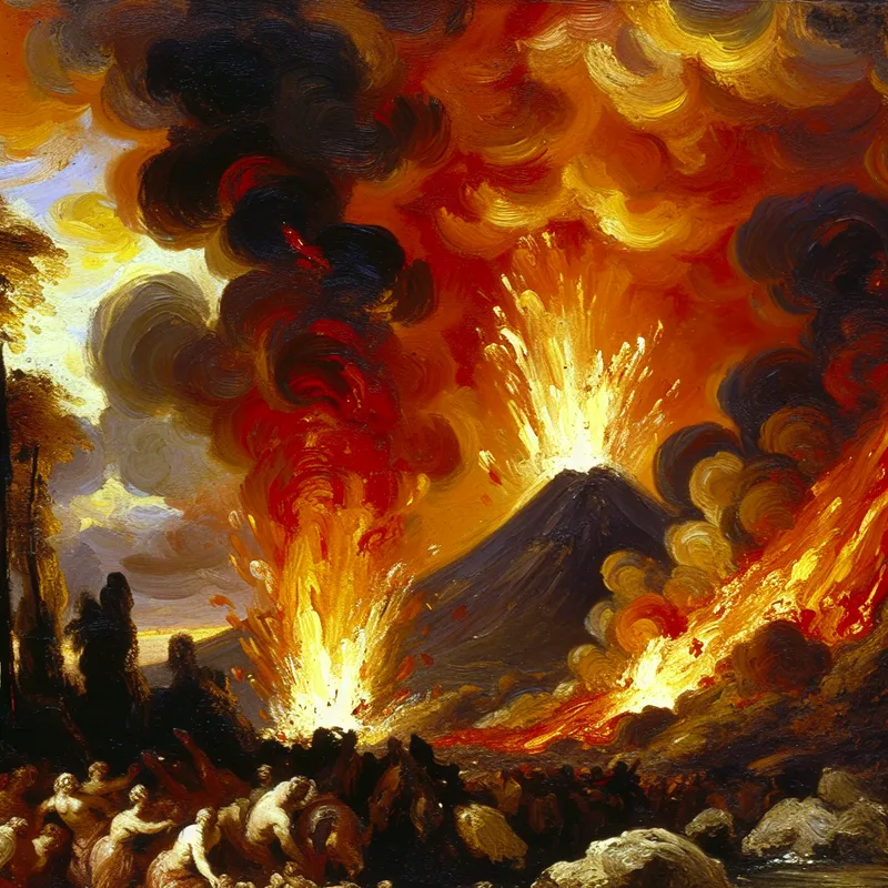 Dramatische vulkaanuitbarsting met lava en rookwolken, geschilderd in de stijl van Frans Hals met levendige penseelstreken en paniekerige dorpelingen op de vlucht