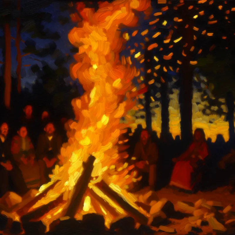 Vurig kampvuur in een bos bij schemering, met dansende vlammen en mensen die in het licht van het vuur zitten