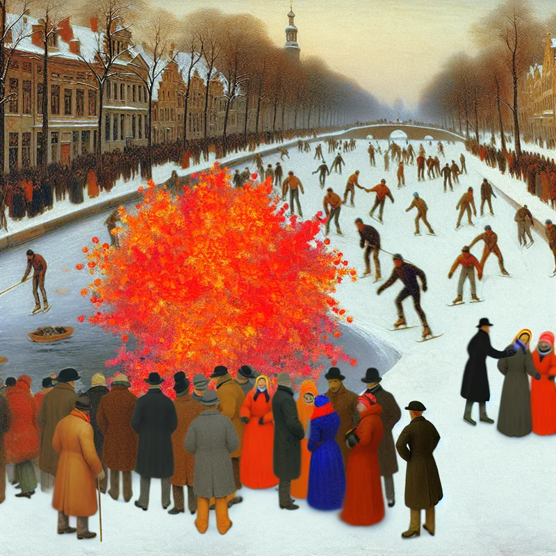 Levendige wintertafereel met schaatsers op een bevroren kanaal en opvallende herfstbladeren met vurige rode en oranje kleuren