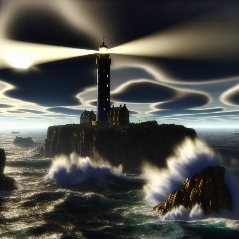 Een elegante vuurtoren op een rotsachtige klif, verlicht door een warme gloed in een woelige zee.