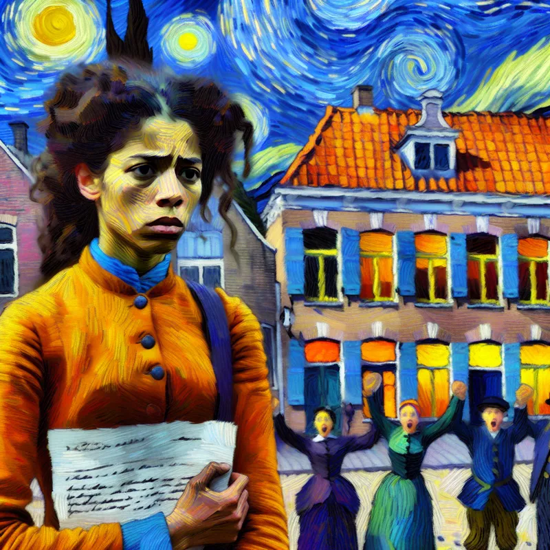 Jonge vrouw bij kruispunt in Nederlands dorp in Van Gogh-stijl, houdt ontslagbrief vast met mix van vastberadenheid en onzekerheid, symboliseert een waagstuk