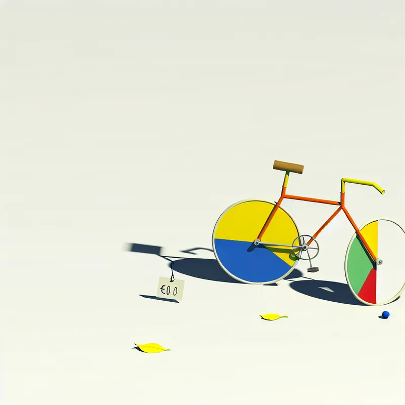 Minimalistische illustratie van een verlaten, roestige fiets met een prijskaartje van €0,00, symbool voor iets waardeloos