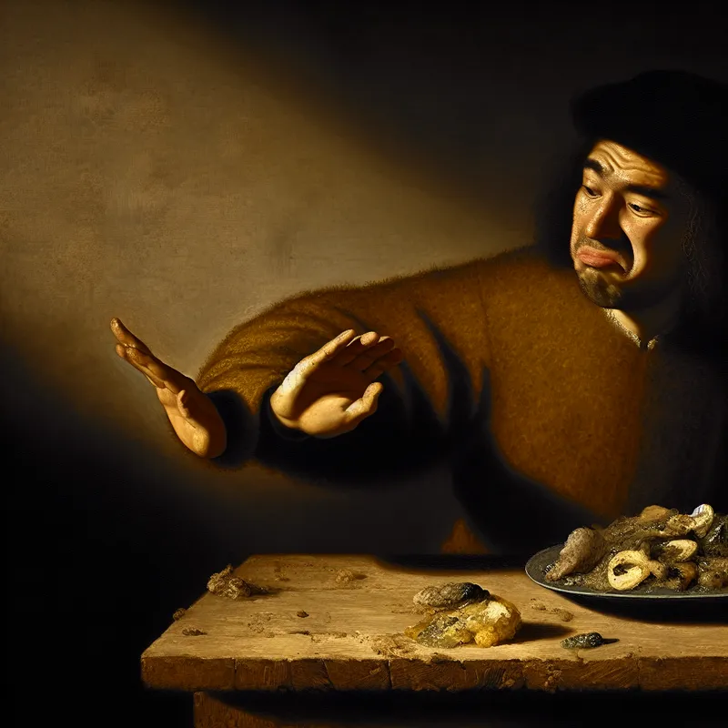Gedetailleerde schilderij in Rembrandt-stijl van een persoon die met afkeer een bord met bedorven, waardeloos voedsel wegduwt