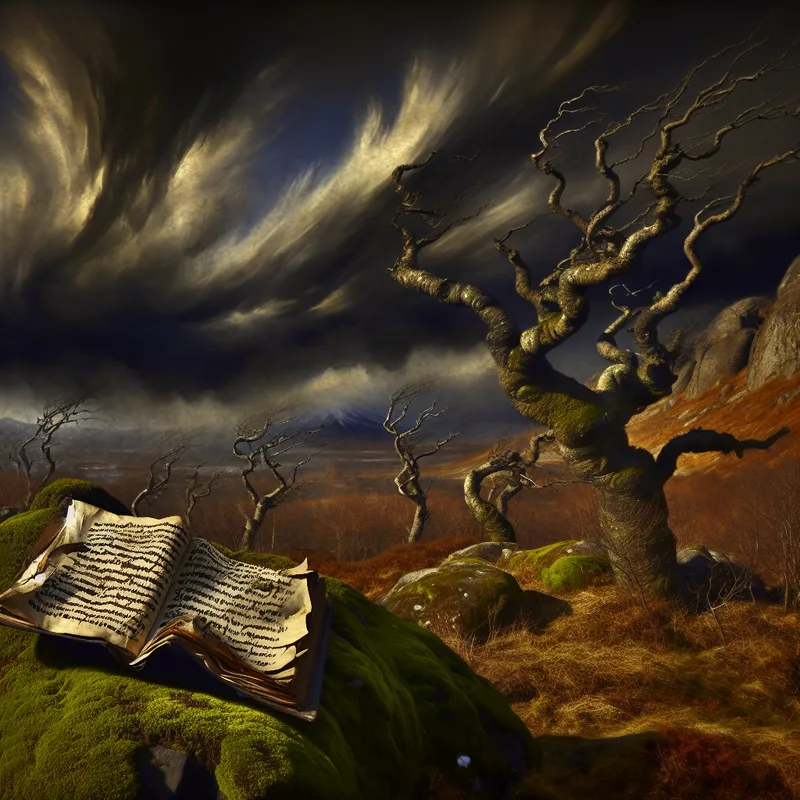 Stormachtig landschap met een verlaten boek vol onbegrijpelijke tekst, symbool voor waardeloos of onzinnig werk in de stijl van Jacob van Ruisdael