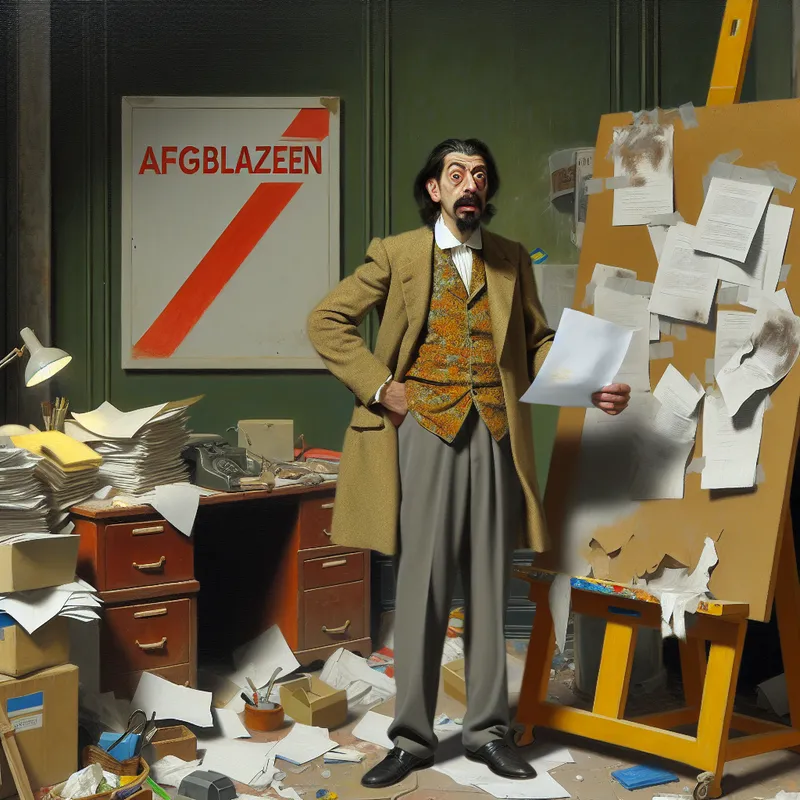 Gefrustreerde persoon in chaotisch kantoor met 'AFGEBLAZEN' bord, symboliserend waardeloos werk en teleurstelling in de stijl van Frans Hals