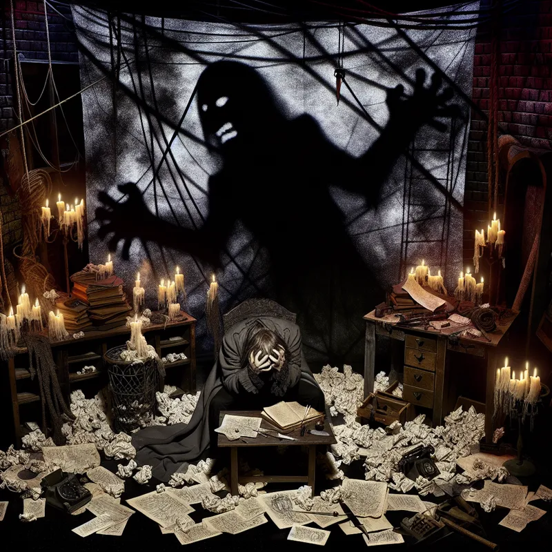 Symbolische illustratie van wanhoop en waardeloosheid, met een figuur in duisternis aan een rommelig bureau vol verfrommelde papieren en gebroken voorwerpen