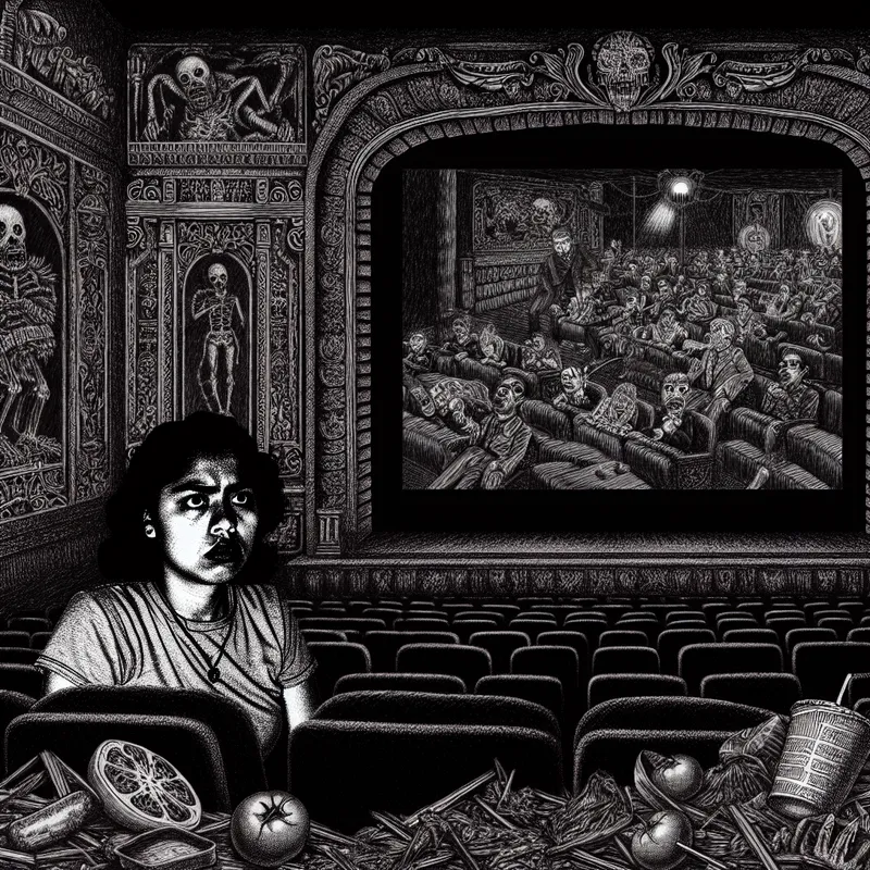 Gothische illustratie van een teleurgestelde persoon in een donkere bioscoop, omringd door rotte tomaten en rommel, kijkend naar een waardeloze film met absurde scènes