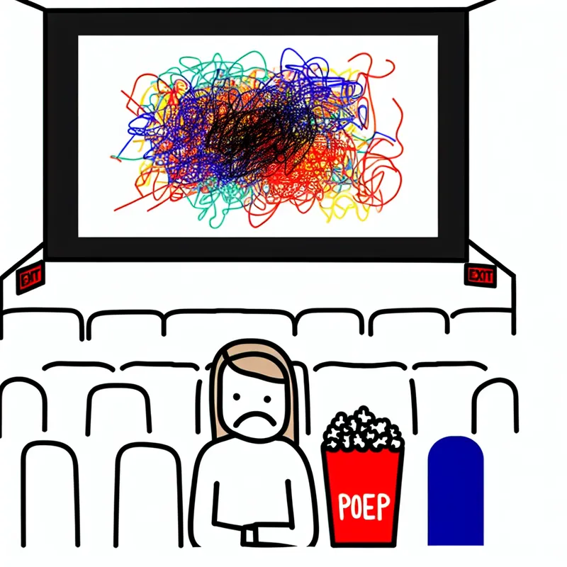 Minimalistische illustratie van een teleurgesteld persoon in een bioscoop met een lege popcornbak met het woord 'poep', kijkend naar een chaotische film op het scherm, symboliserend dat iets waardeloos is