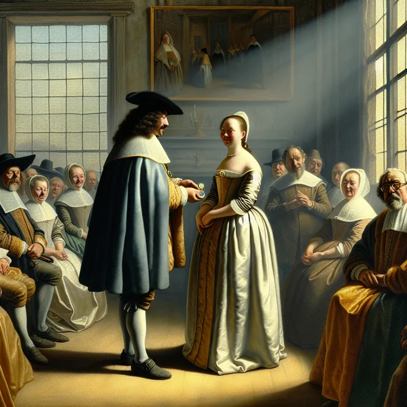 17e-eeuwse ceremonie waarin een burgemeester een medaille uitreikt aan een bescheiden vrouw als teken van waardering, in de stijl van Johannes Vermeer