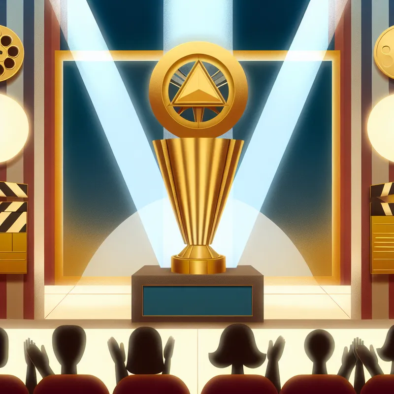 Illustratie van een prestigieus filmfestival met een gouden trofee op het podium, omringd door applaudisserend publiek en filmsymbolen zoals een filmrol en klapperbord