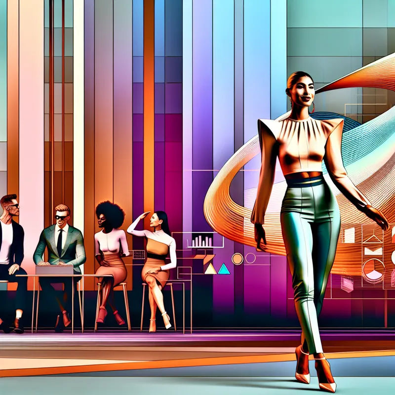 Een zelfverzekerde vrouw overtuigend voor een diverse groep collega's, omringd door geometrische vormen en een groot digitaal scherm.