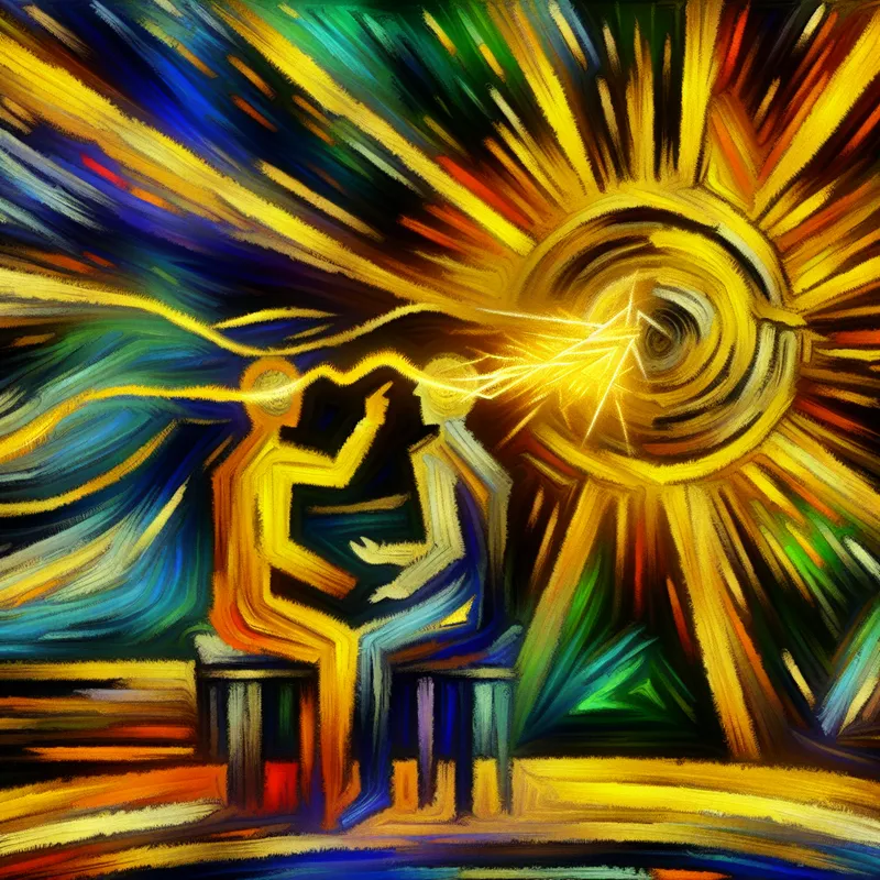 Abstract expressionistisch schilderij van een persoon die waardevol advies ontvangt, weergegeven als gouden lichtdraden die gedachten verlichten