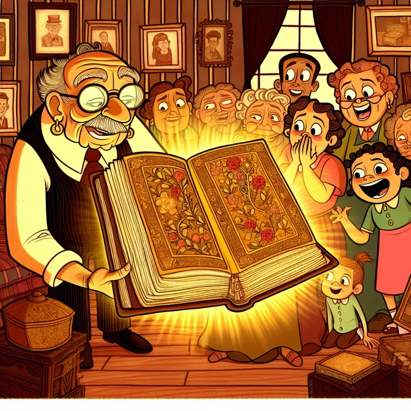 Oudere persoon toont een magisch stralend fotoalbum aan een blije familie, symboliserend iets figuurlijk waardevols