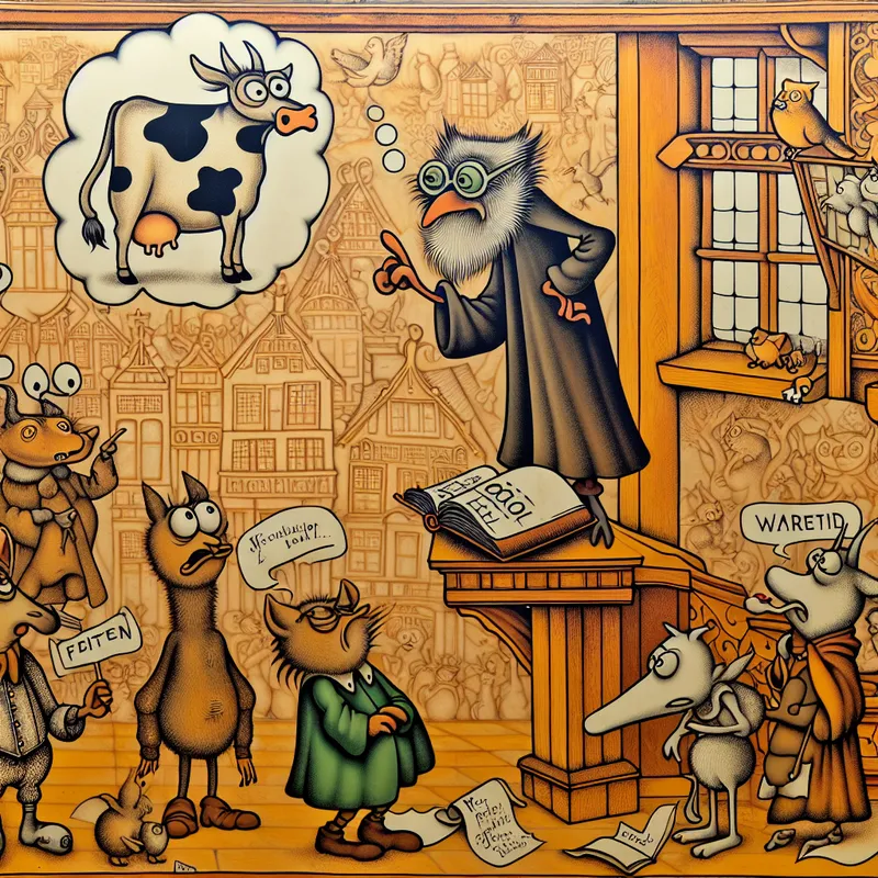 Wijze uil legt een onbetwistbaar feit uit aan dieren in een gezellig Nederlands dorp, met een illustratie van een koe en het woord DOOD als symbool voor waarheid als een koe