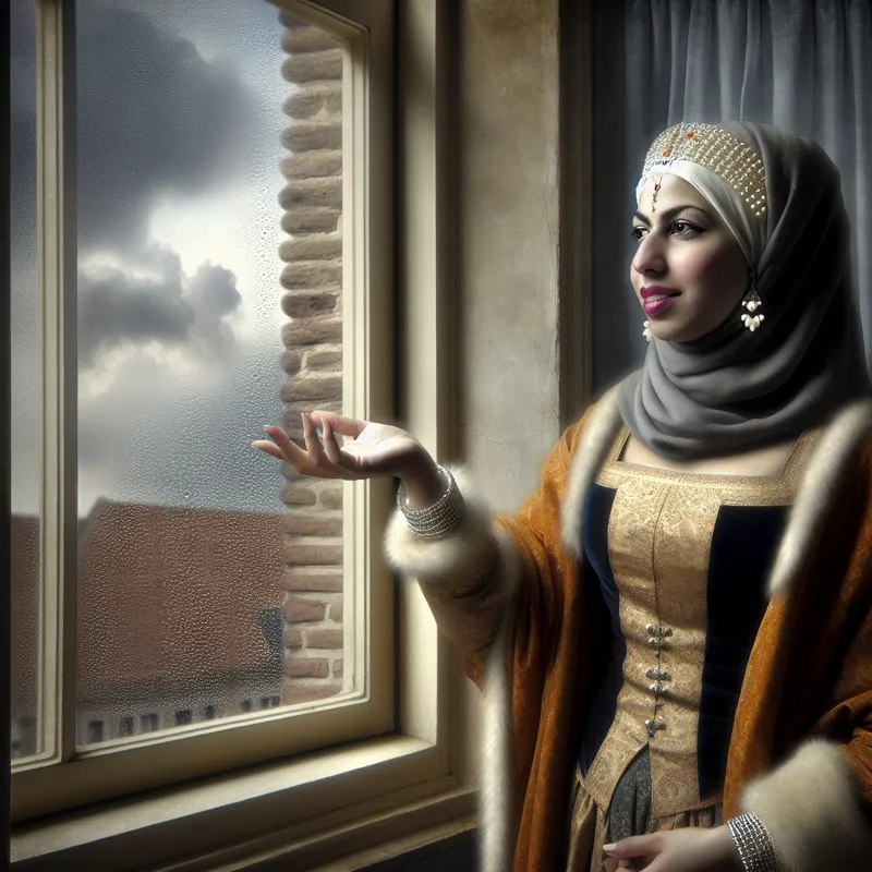 Vrouw in elegante kleding bij venster kijkt naar regenachtige lucht