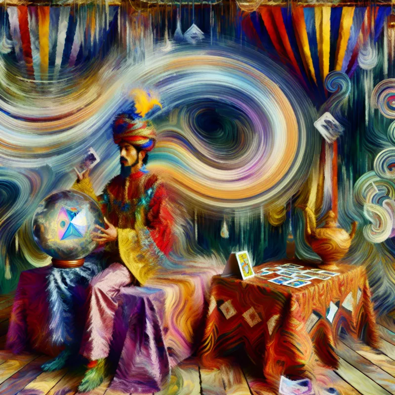 Een waarzegster in een etherische sfeer die in een kristallen bol kijkt, omringd door tarotkaarten en kleurrijke stoffen.