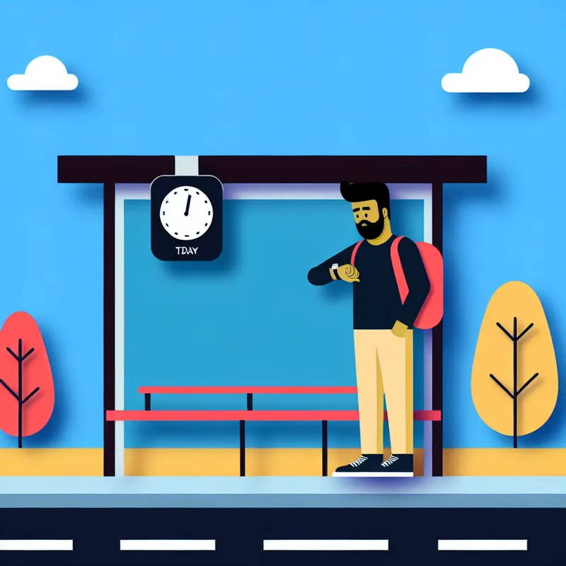 Een persoon staat bij een bushalte en kijkt op hun horloge met een bezorgde uitdrukking, wat het wachten symboliseert.