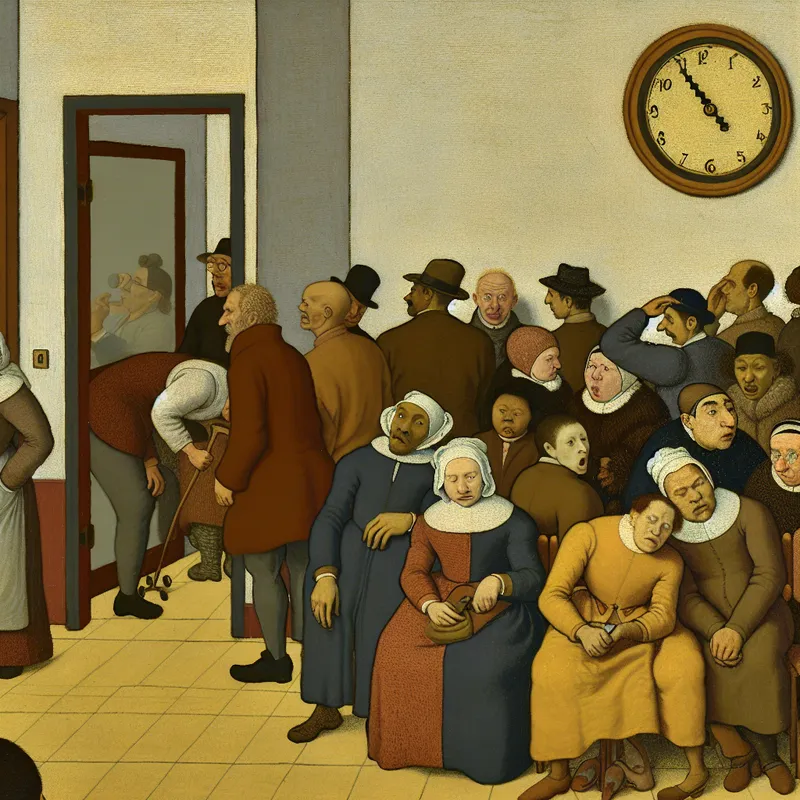 Drukke wachtkamer bij de dokter met ongeduldige patiënten, een grote klok en gesloten deur, geïnspireerd op de stijl van Jan Steen