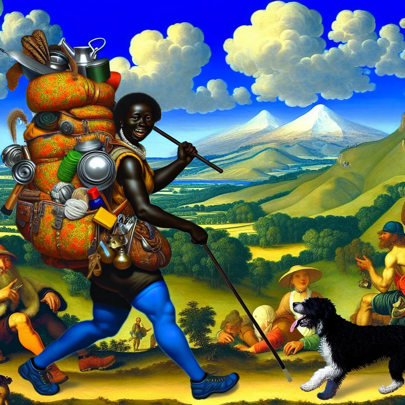 Een levendige buitenomgeving met een wandelaar met een kleurrijke rugzak vol kampeerspullen, omringd door groene heuvels en een blauwe lucht met wolken, terwijl een hond speels meeloopt.