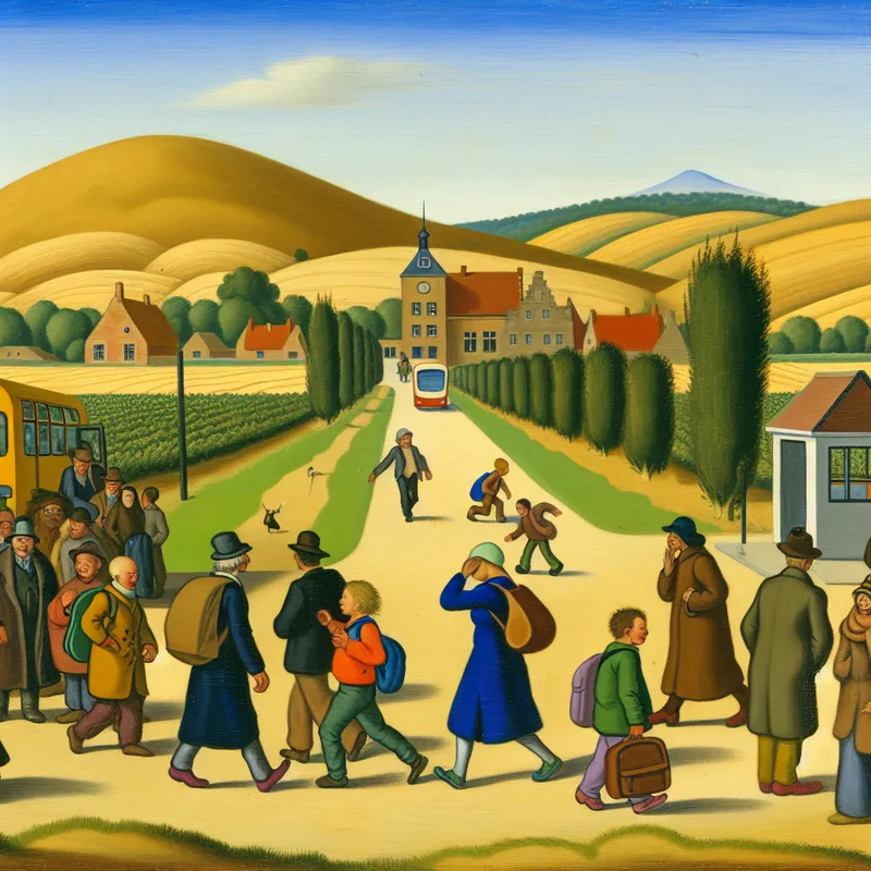 Groep mensen wandelt op een landelijke pad vanuit een bushalte naar een school op de achtergrond, met op de voorgrond rolling hills en een heldere blauwe lucht.