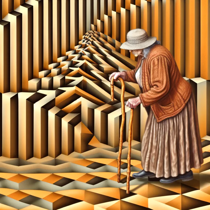 Oudere vrouw leunt op houten wandelstok in surrealistisch trappenhuis met optische illusie, geïnspireerd op M.C. Escher