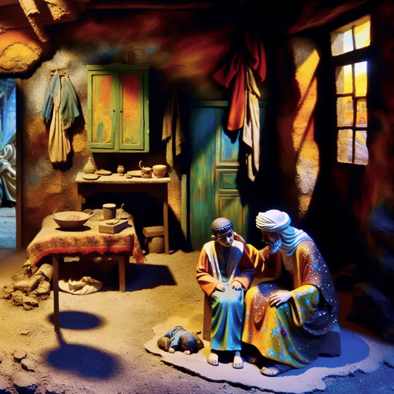 Een ouder die een bezorgd kind troost in een gammele, donkere kamer die de tegenslagen van vluchtelingen symboliseert.