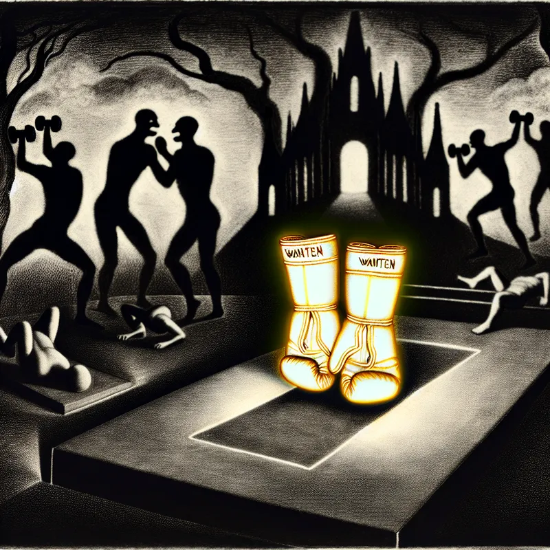 Een paar stralende wanten op een trainingsmat, omgeven door schaduwachtige figuren die hulp nodig hebben bij verschillende activiteiten.