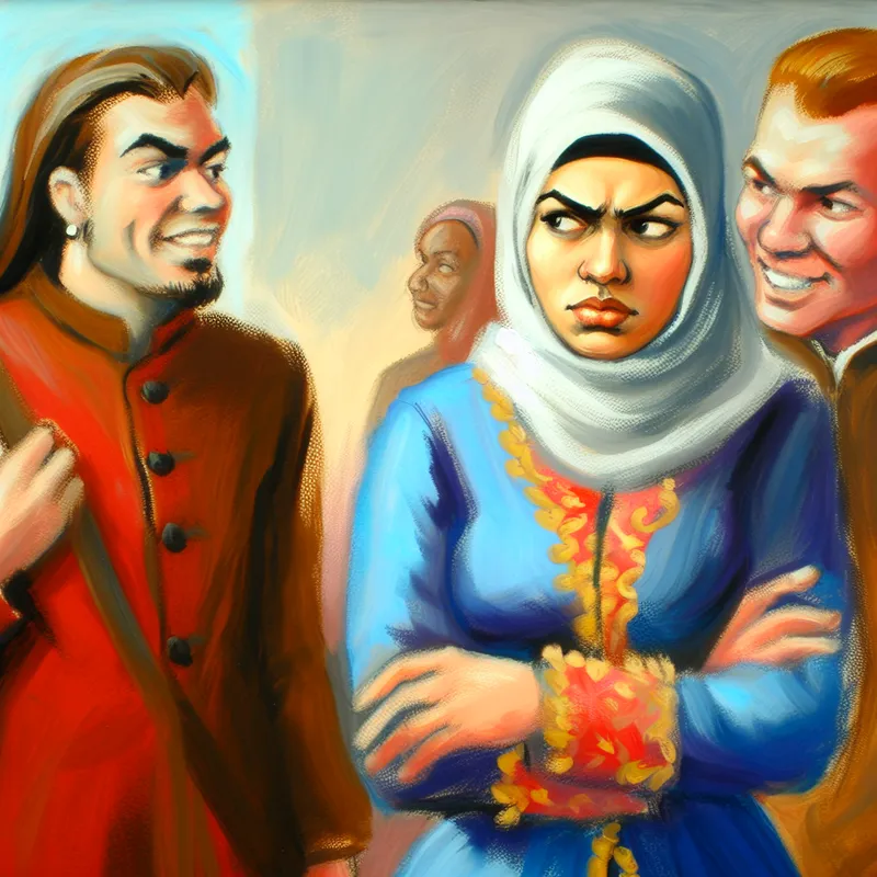 Schilderij in de stijl van Frans Hals van een jaloerse vrouw die wantrouwend kijkt naar haar man die lachend praat met een collega