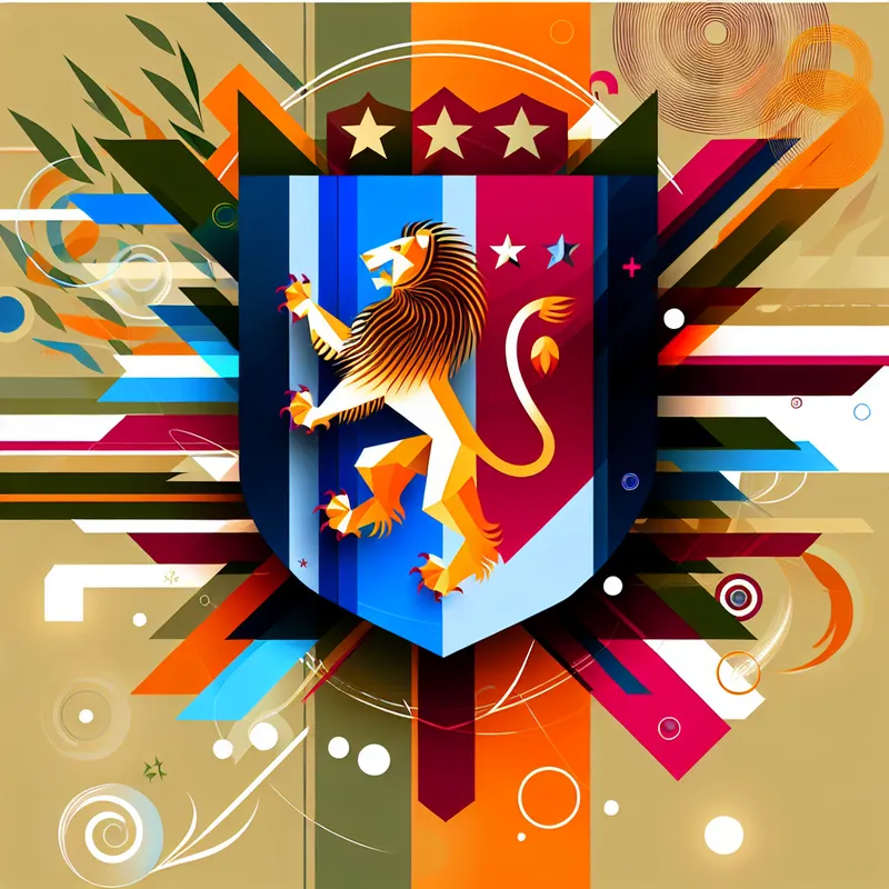 Een stijlvol wapenschild met een geometrisch vormgegeven leeuw, symbool van moed en kracht, in retro-futuristische stijl.