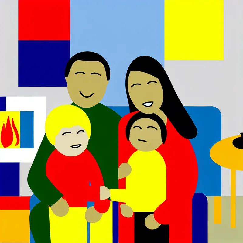 Minimalistische illustratie van een warm gezinsmoment met ouders die hun kinderen omhelzen in een knusse woonkamer, in de stijl van Dick Bruna