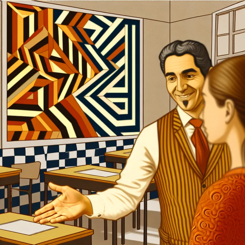 Een lerares begroet een student met een vriendelijke glimlach in een klaslokaal, omgeven door surrealistische geometrische patronen en optische illusies.