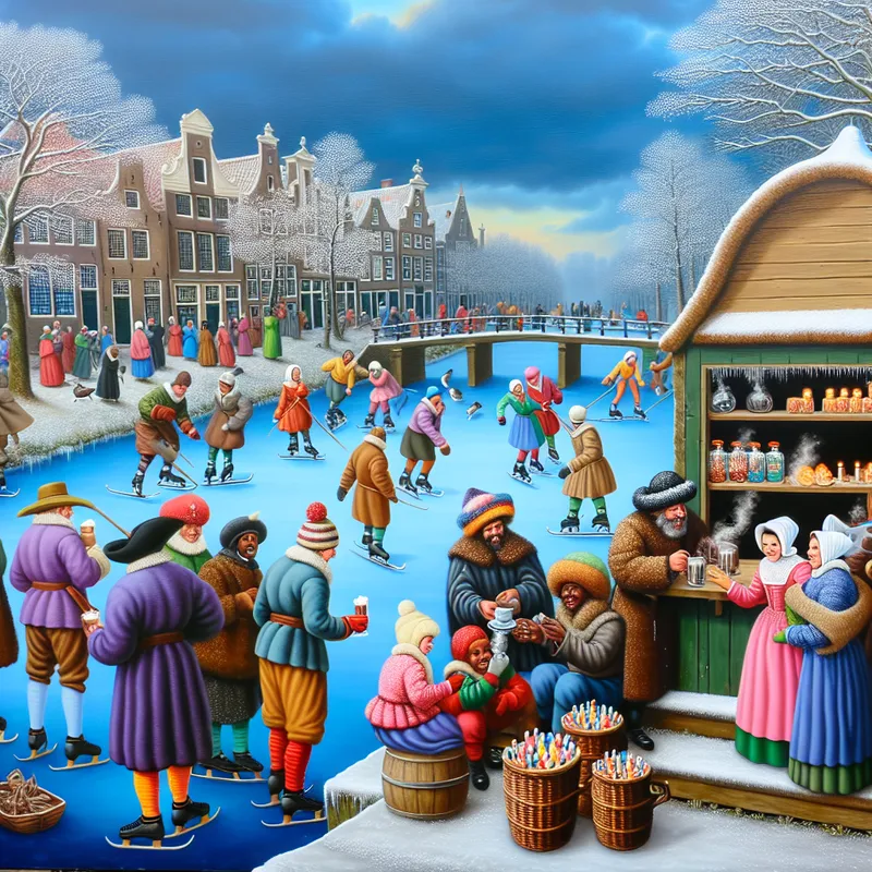 17e-eeuwse wintertafereel met schaatsers op een bevroren kanaal die warme chocolademelk met slagroom en marshmallows krijgen van een kraamverkoper