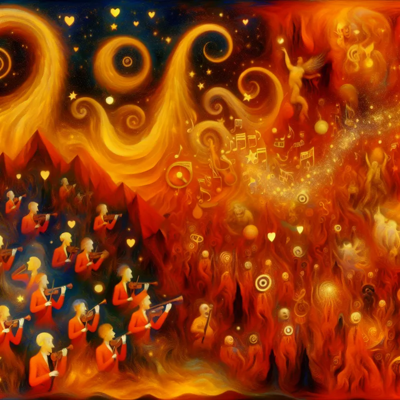 Surrealistisch muzieklandschap in warme gouden tinten met emotionele geluidsgolven, geïnspireerd op Hieronymus Bosch, waarin menselijke en fantasiewezens intens muziek maken en emoties uitdrukken