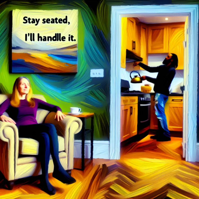 Gezellige woonkamer met een zittende figuur en iemand in de keuken