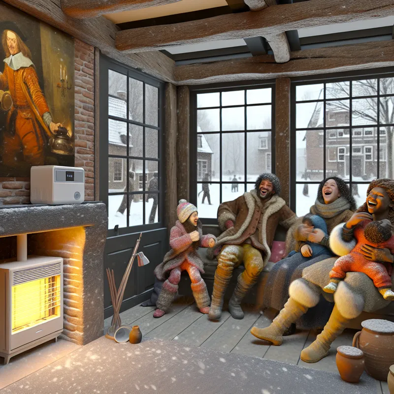 Gezellige woonkamer met een moderne warmtepomp tijdens de winter, sneeuw zichtbaar buiten.