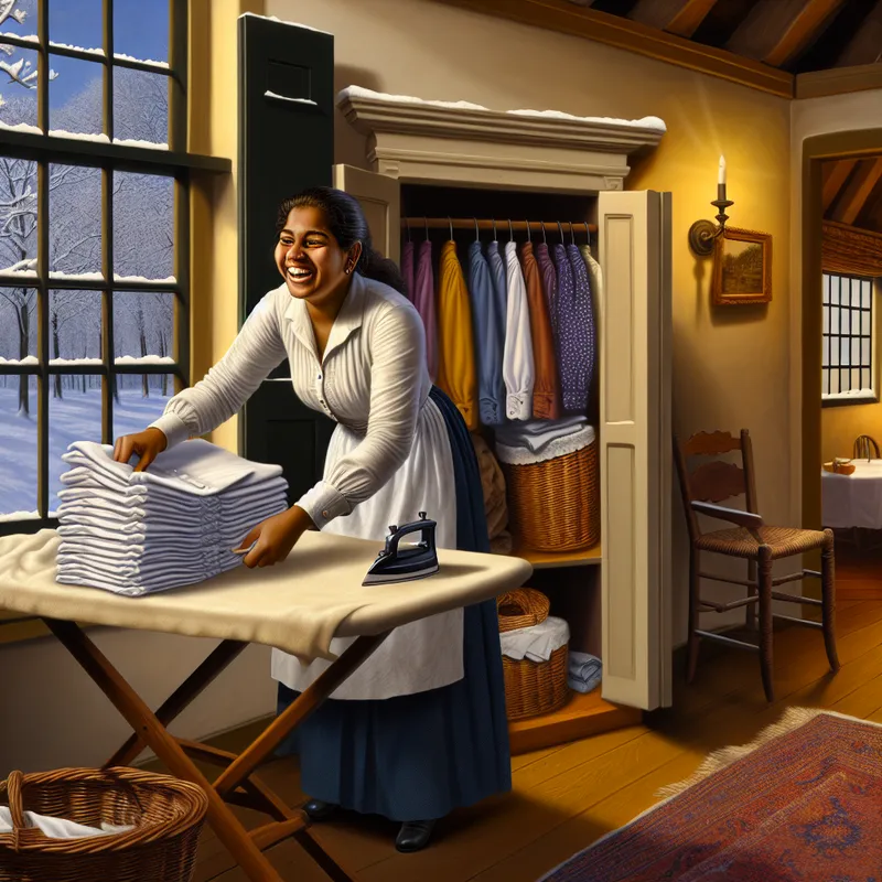 Een persoon vouwt tevreden net gestreken shirts in een warm winterse Nederlandse woning.