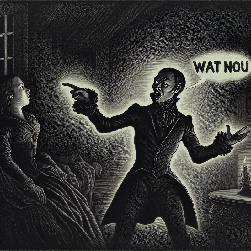 Dramatische illustratie van een confronterende scène met de uitdrukking 'Wat nou', gebruikt om nadruk te leggen in spreektaal, in een donkere, gotische stijl