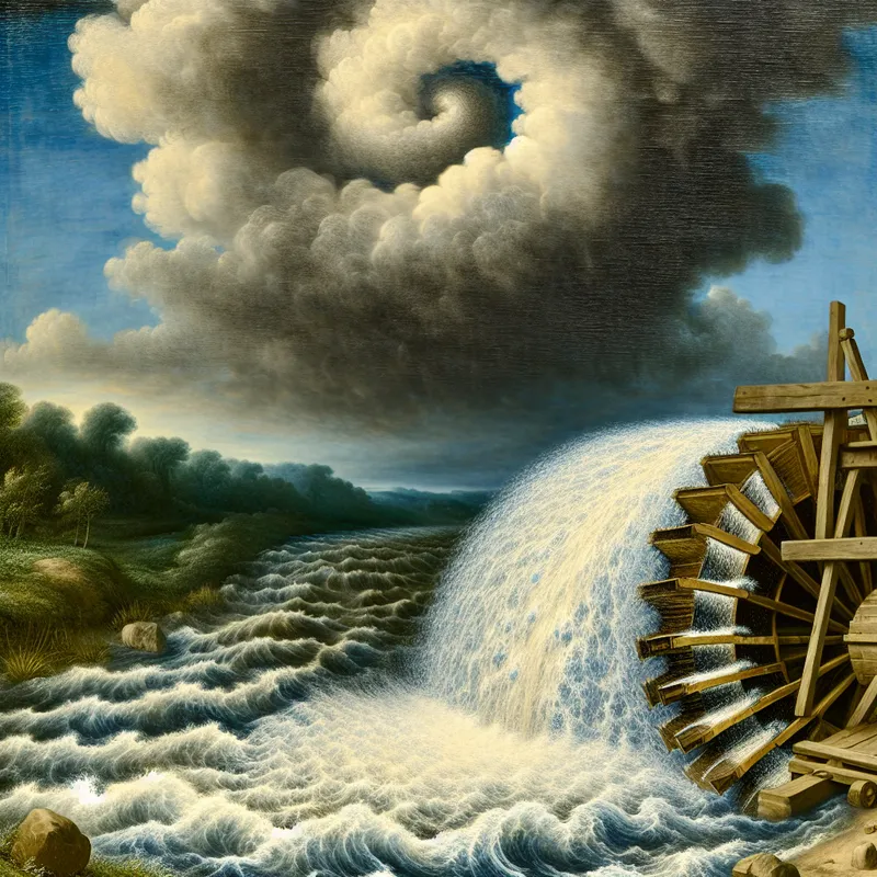 17e-eeuwse Nederlandse watermolen met kolkende rivier en dramatische lucht, die de kracht van natuurlijke energie illustreert in de stijl van Jacob van Ruisdael
