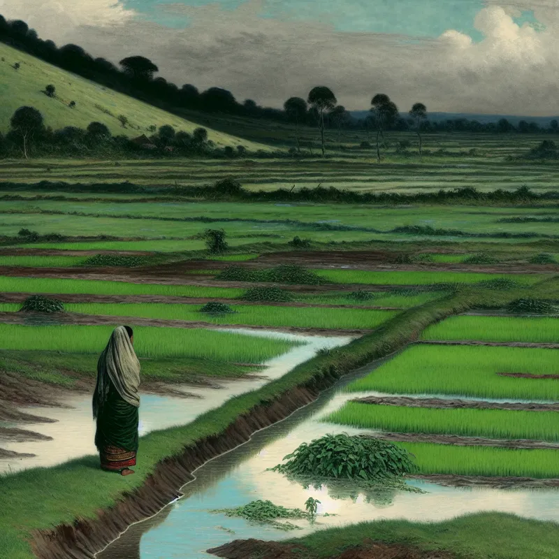 Landelijk tafereel met een boer die zich zorgen maakt over wateroverlast in een groene veld na de regen.