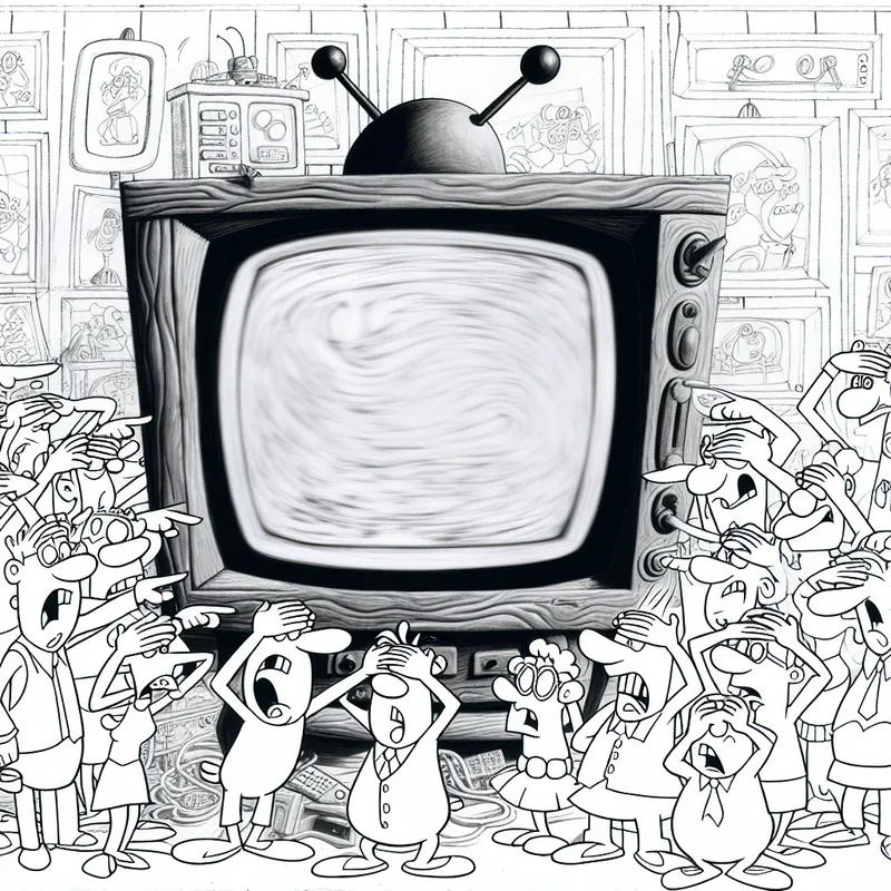 Cartoonachtige scène met een groep expressieve personages die gefrustreerd naar een wazig of gepixelde schermbeeld op een grote monitor of smartphone kijken, in de stijl van Marten Toonder